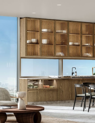 Penthouse kitchen and dining area with full-height glass windows at Six Senses Dubai Marina