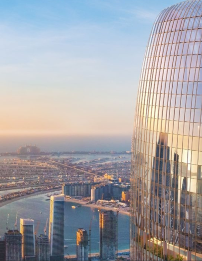 Render of Six Senses Dubai Marina's unique oval-shaped tower with sea and skyline view