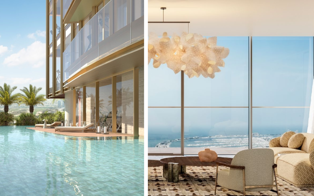 Private pool deck and living area with Palm Jumeirah view at Six Senses Dubai Marina