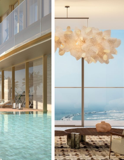 Private pool deck and living area with Palm Jumeirah view at Six Senses Dubai Marina