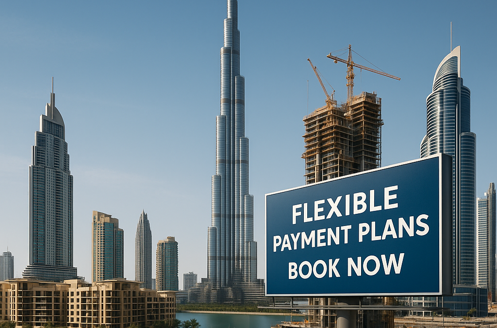Dubai skyline with Burj Khalifa, under-construction buildings, and a billboard promoting flexible payment plans for off-plan properties.